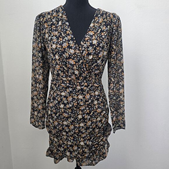 NWT Lush Indigo Blue Ditsy Floral Long Sleeve Short Length Dress Ruched Sz Small - Picture 1 of 14